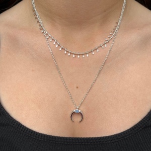 Drop Crescent Layered Necklace - Silver